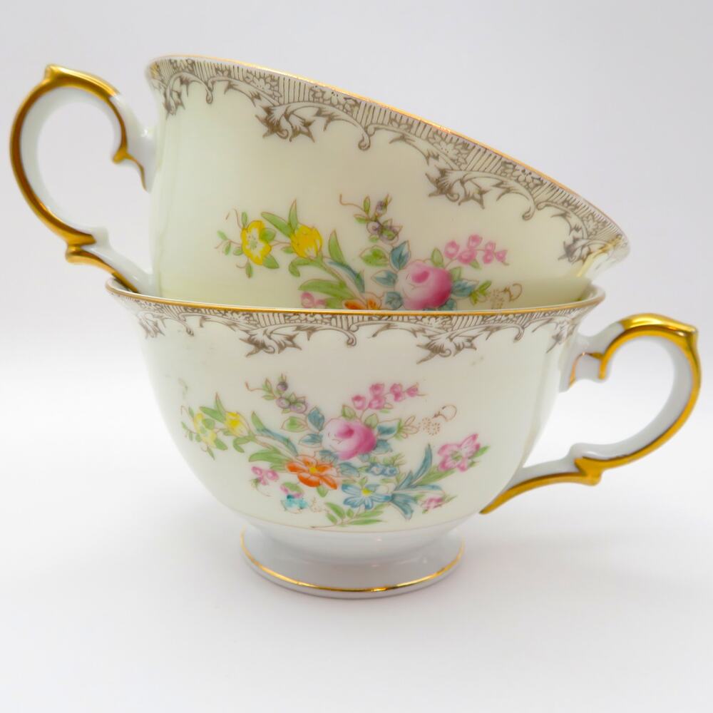 Meito China Burbank Hand Painted Made in Japan Set of 2 Teacups Floral Gold